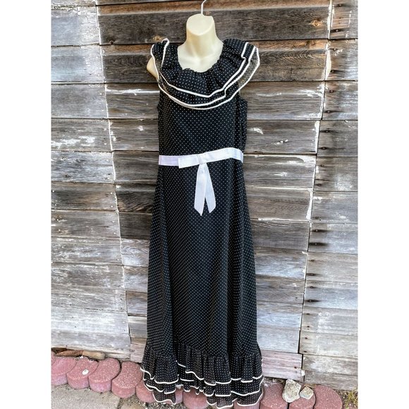 Vintage Ruffled Black White Polka Dot 1970s Maxi Dress - Picture 1 of 11